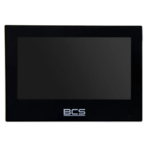 Zdjęcie przedstawia czarny monitor wideodomofonowy marki BCS z dużym ekranem i logo umieszczonym poniżej wyświetlacza. Urządzenie ma prostokątny kształt i minimalistyczny design.