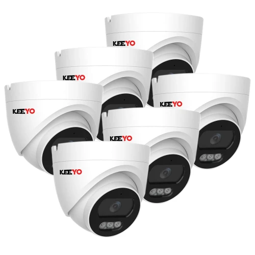 Sześć białych kamer kopułowych marki KeeYo ułożonych w dwóch rzędach, każda z czarnym panelem z przodu. Kamery są skierowane w stronę widza, a ich nowoczesny design podkreśla funkcjonalność i estetykę.