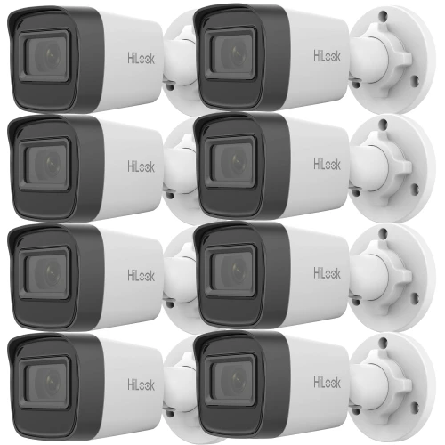 Na zdjęciu znajduje się zestaw ośmiu białych kamer monitoringu marki HiLook, ułożonych w dwóch rzędach po cztery. Kamery mają czarne obudowy wokół obiektywów i są zamontowane na białych uchwytach ściennych.