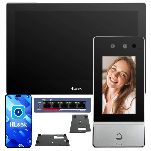 Zestaw wideodomofonowy HiLook składający się z monitora, panelu z kamerą, przełącznika sieciowego oraz uchwytów montażowych. Na ekranie panelu widoczna jest uśmiechnięta kobieta.