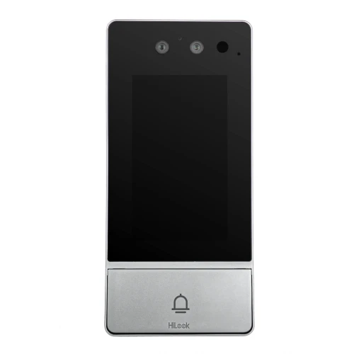 Nowoczesny wideodomofon z dużym, czarnym ekranem i dwoma kamerami na górze. Na dole znajduje się srebrny panel z ikoną dzwonka i logo HiLook.
