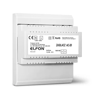 Zdjęcie przedstawia zasilacz AC-20 marki ELFON, umieszczony na białym tle. Urządzenie ma prostokątny kształt i widoczne oznaczenia techniczne oraz certyfikaty na przedniej stronie.