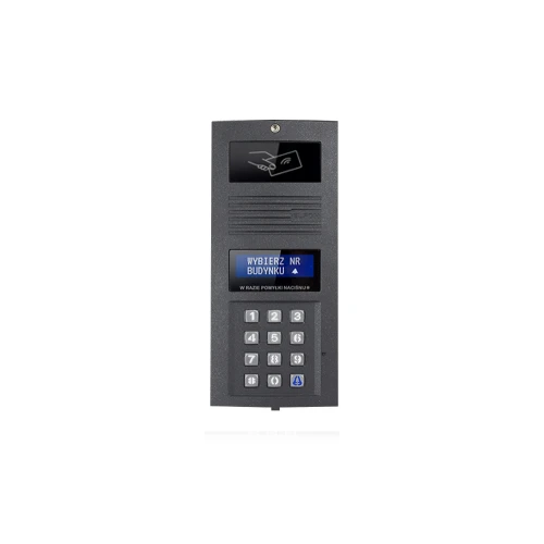 Zdjęcie przedstawia panel domofonu z klawiaturą numeryczną i wyświetlaczem LCD, na którym widnieje napis "WYBIERZ NR BUDYNKU". Panel ma ciemnoszary kolor i znajduje się na nim symbol karty zbliżeniowej.