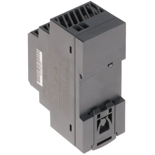 Zdjęcie przedstawia czarny panel tylny z mocowaniem do szyny DIN, wykonany z tworzywa sztucznego. Produkt ma prostokątny kształt z widocznymi otworami wentylacyjnymi i oznaczeniami technicznymi na powierzchni.