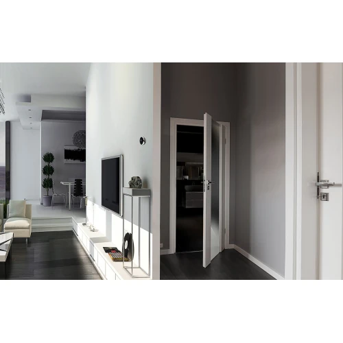 Na zdjęciu znajduje się niebieski przycisk Fibaro zamontowany na ścianie nowoczesnego wnętrza. Przycisk jest dyskretnie umieszczony, harmonizując z minimalistycznym wystrojem pomieszczenia.