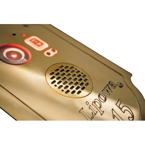 Złoty panel domofonowy z wbudowanym głośnikiem, kamerą i podświetlanym przyciskiem. Na panelu widnieje napis "Lipowa 15".