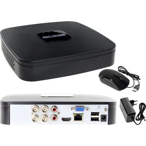 Rejestrator cyfrowy hybrydowy BCS-XVR0401E-V z obsługą HDCVI, AHD, CVBS, TVI i IP, prezentowany z przodu z widocznymi portami i przyciskami sterującymi. Urządzenie w kolorze czarnym, idealne do monitoringu wizyjnego.