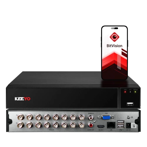 Na zdjęciu znajduje się czarny rejestrator hybrydowy marki Keeyo z wieloma portami z tyłu, obok którego stoi smartfon z aplikacją BitVision na ekranie. Urządzenie ma prosty, nowoczesny design z logo Keeyo na przednim panelu.