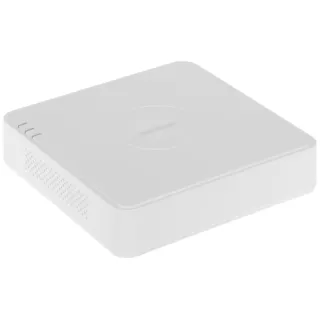 Biały rejestrator IP Hikvision DS-7104NI-Q1/4P z zaokrąglonymi krawędziami i otworami wentylacyjnymi po bokach. Na górze urządzenia znajduje się subtelne logo producenta.