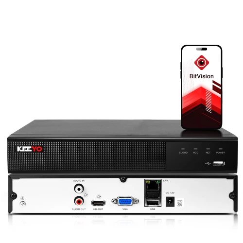 Czarny rejestrator sieciowy Keeyo z widocznymi portami z tyłu, obok którego stoi smartfon z aplikacją BitVision na ekranie. Urządzenie ma prosty, nowoczesny design z logo Keeyo na przedniej części.
