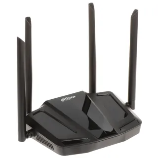 Czarny router Dahua z czterema antenami, widoczny z przodu i z góry. Urządzenie ma błyszczące wykończenie i logo Dahua na górnej powierzchni.