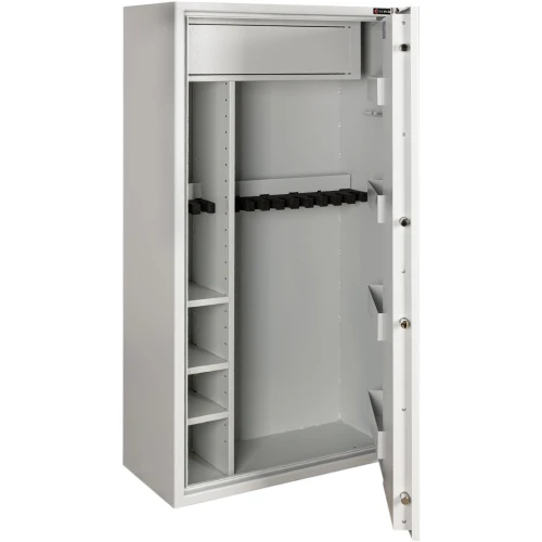 Sejf na broń długą w kolorze szarym z otwartymi drzwiami, ukazujący wnętrze z półkami i uchwytami na broń. Drzwi wyposażone są w dodatkowe przegródki na akcesoria.
