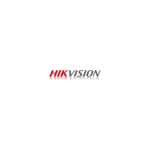Logo firmy Hikvision, przedstawione w czerwono-szarej kolorystyce, z efektem odbicia poniżej.
