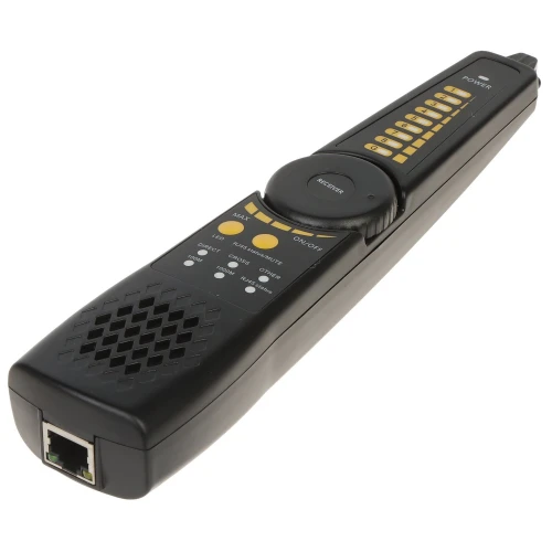 Na zdjęciu znajduje się czarny tester kabli z żółtymi oznaczeniami i przyciskami na górnej części obudowy. Urządzenie posiada port RJ-45 na jednym końcu oraz przycisk z napisem "RESET" na środku.