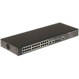 Czarny switch sieciowy Dahua z 24 portami SFP i dodatkowymi portami na przednim panelu. Urządzenie ma prostokątny kształt i wentylację po bokach.