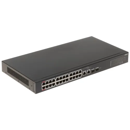 24-portowy switch PoE Dahua CS4226-24ET-375 z dodatkowymi portami SFP, w czarnej obudowie. Urządzenie posiada wentylację boczną i oznaczenia portów na przednim panelu.