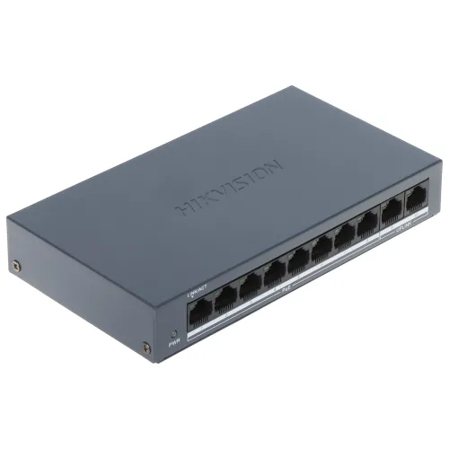 Na zdjęciu znajduje się 8-portowy switch PoE marki Hikvision w kolorze ciemnoszarym. Urządzenie posiada porty sieciowe z przodu oraz logo producenta na górnej powierzchni.