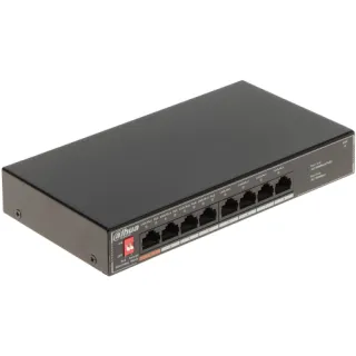 Czarny, prostokątny switch sieciowy Dahua z ośmioma portami RJ-45, z czego cztery obsługują PoE. Na przednim panelu znajdują się oznaczenia portów oraz diody sygnalizacyjne.