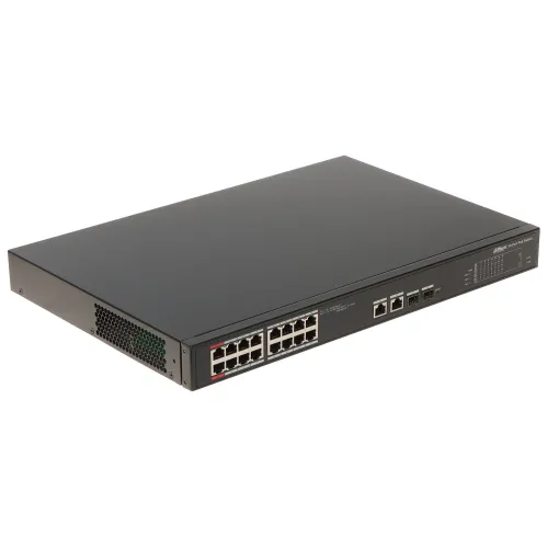 Czarny, przemysłowy switch PoE Dahua z 16 portami i dodatkowymi portami SFP, widoczny z przodu i z boku. Urządzenie ma prostokątną obudowę z otworami wentylacyjnymi po lewej stronie.