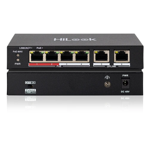 Na zdjęciu znajduje się czarny switch sieciowy HiLook z czterema portami PoE i dwoma portami uplink. Urządzenie posiada oznaczenia LED dla każdego portu oraz przełącznik trybu "Extend".
