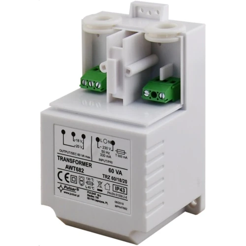 Na zdjęciu znajduje się biały transformator AWT682 marki Pulsar, przeznaczony do montażu na szynie DIN. Urządzenie posiada oznaczenia techniczne, w tym moc 60 VA oraz wejście 230 V i wyjścia 18 V oraz 20 V.