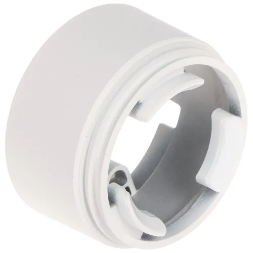 Na zdjęciu znajduje się biały uchwyt kamery o cylindrycznym kształcie z widocznymi elementami montażowymi wewnątrz. Uchwyt ma gładką powierzchnię i jest przeznaczony do mocowania kamer.