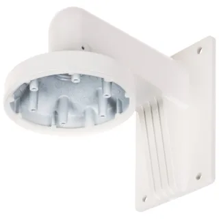 Biały uchwyt kamery DS-1273ZJ-DM32 Hikvision z metalową podstawą, przeznaczony do montażu na ścianie. Uchwyt ma prostokątną płytę montażową z otworami na śruby.