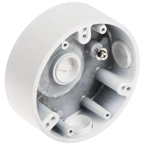 Okrągły, biały uchwyt kamery z kilkoma otworami montażowymi i metalowym wnętrzem. Widoczna jest śruba mocująca oraz miejsca na przewody.