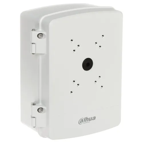 Biały uchwyt kamery Dahua PFA6400S z widocznymi otworami montażowymi i logo marki na przedniej części. Uchwyt ma prostokątny kształt z zaokrąglonymi krawędziami i metalowymi zawiasami po lewej stronie.