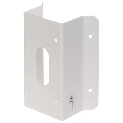 Biały uchwyt narożnikowy do kamery z kilkoma otworami montażowymi. Produkt ma prostokątny kształt z wycięciem pośrodku.