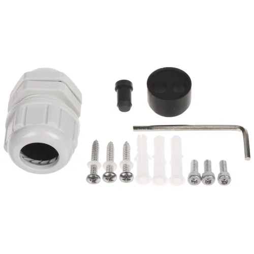Na zdjęciu znajduje się zestaw montażowy składający się z białej dławicy kablowej, czarnej zaślepki, klucza imbusowego, kołków rozporowych oraz śrub. Elementy są ułożone na białym tle, co ułatwia ich wyraźne zobaczenie.