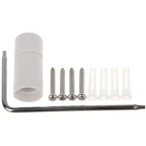 Zestaw montażowy składający się z białego uchwytu, czterech srebrnych śrub, czterech białych kołków rozporowych oraz metalowego klucza imbusowego. Elementy są ułożone na białym tle.