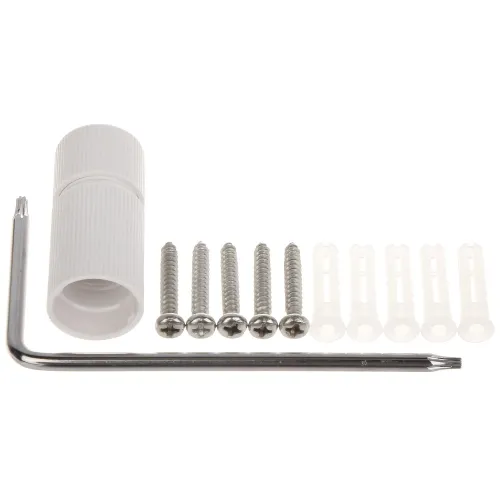 Zestaw montażowy składający się z białej tulei, sześciu srebrnych śrub, sześciu plastikowych kołków oraz metalowego klucza imbusowego. Elementy są ułożone na białym tle.