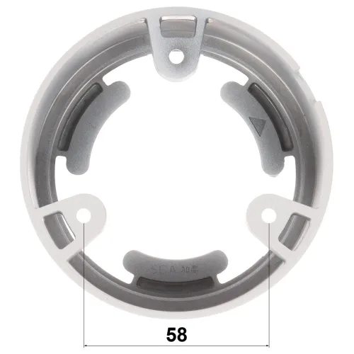 Okrągły element montażowy z trzema otworami i oznaczeniami, wykonany z metalu i tworzywa sztucznego. Na dole widoczny jest wymiar 58 mm.
