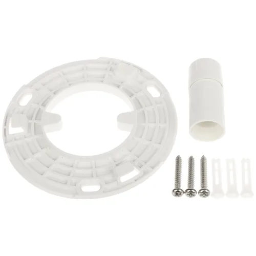 Na zdjęciu znajduje się biały, okrągły uchwyt montażowy z tworzywa sztucznego, obok którego leży biały element cylindryczny. Obok nich znajdują się cztery srebrne śruby oraz cztery białe kołki rozporowe.