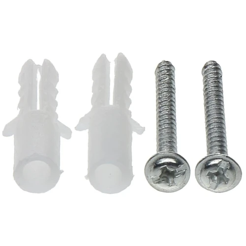 Na zdjęciu znajdują się dwa metalowe wkręty oraz dwa plastikowe kołki rozporowe. Wkręty mają gwiazdkowe łby, a kołki są przezroczyste.