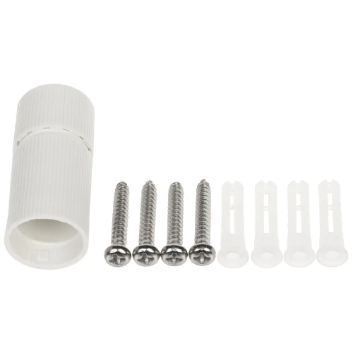 Na zdjęciu znajduje się biały, cylindryczny element z tworzywa sztucznego oraz cztery metalowe wkręty i cztery plastikowe kołki rozporowe. Elementy są ułożone na białym tle w dwóch rzędach.