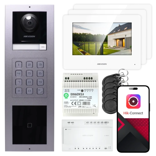Відеодомофон 2-дротовий Hikvision 3x монітор DS-KH6320Y-WTE2 білий, панель вбудована, клавіатура, зчитувач