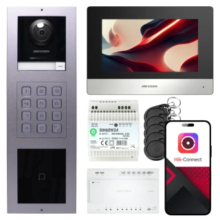 Відеодомофон 2-дротовий Hikvision 1x монітор DS-KH6320Y-WTE2 чорний, панель підвісна, клавіатура, зчитувач