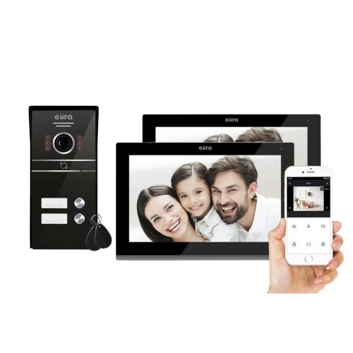Відеодомофон EURA VDP-82C5 - двосімейний чорний 2x LCD 7'' FHD з підтримкою 2 входів 1080p камера RFID зчитувач поверхневого монтажу