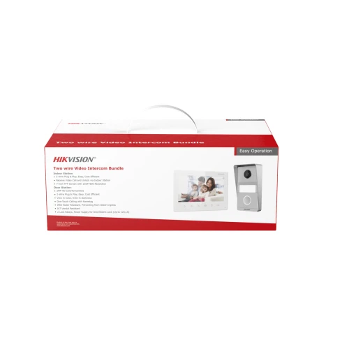 Opakowanie zestawu wideodomofonowego Hikvision DS-KIS zawiera zdjęcie monitora wewnętrznego oraz stacji bramowej. Na pudełku znajdują się także informacje o funkcjach produktu, takich jak łatwa obsługa i dwukierunkowa komunikacja.