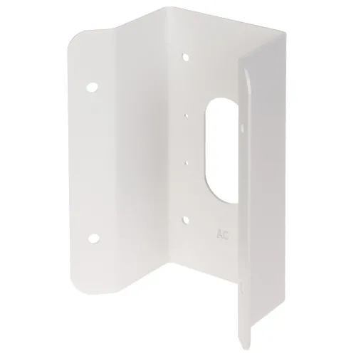 Metalowy uchwyt montażowy w kolorze białym z kilkoma otworami na śruby. Uchwyt ma kształt litery "L" z dodatkowym wycięciem pośrodku.