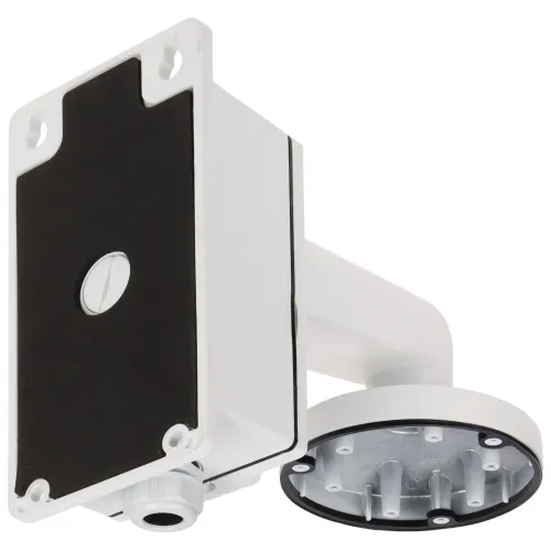 Biały uchwyt montażowy do kamer, widoczny od strony mocowania do ściany, z okrągłą podstawą i prostokątną płytą. Posiada otwory na śruby oraz przepust kablowy.