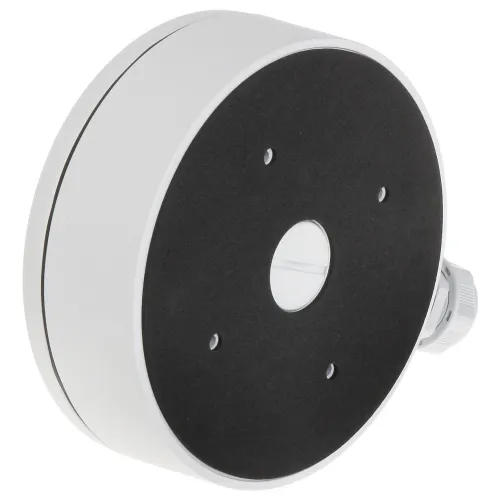 Okrągła, biała obudowa montażowa z czarną przednią płytą i kilkoma otworami montażowymi. Widoczny jest również boczny element mocujący w postaci śruby.