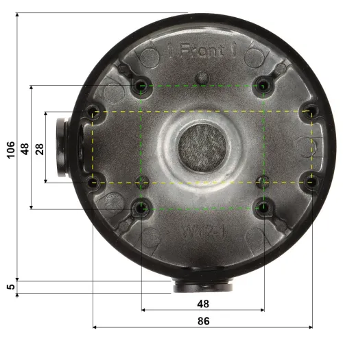 Widok od strony mocowania kamery z oznaczeniami wymiarów w milimetrach. Centralny otwór i sześć mniejszych otworów rozmieszczonych wokół.