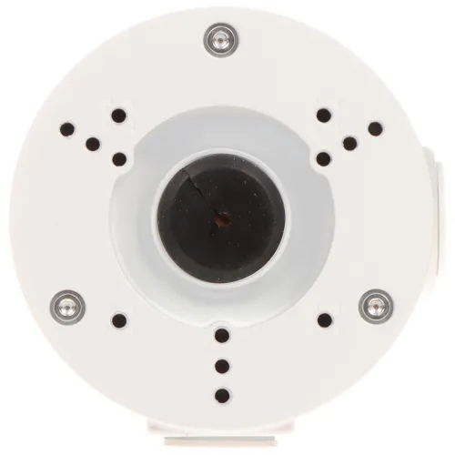 Zdjęcie przedstawia widok od spodu białej kamery monitoringu z widocznymi otworami montażowymi i centralnym otworem na przewody. Wokół centralnego otworu znajdują się cztery śruby mocujące.