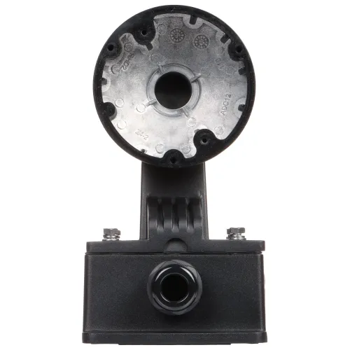 Widok od strony mocowania kamery, ukazujący okrągłą metalową płytę z otworami montażowymi. Poniżej znajduje się czarny uchwyt z widocznym złączem.