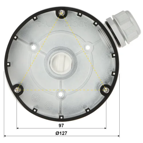 Zdjęcie przedstawia okrągłą podstawę montażową kamery z trzema otworami na śruby, ułożonymi w trójkąt. Na górze znajduje się złącze kablowe, a na dole widoczny jest wymiar Ø127 mm.