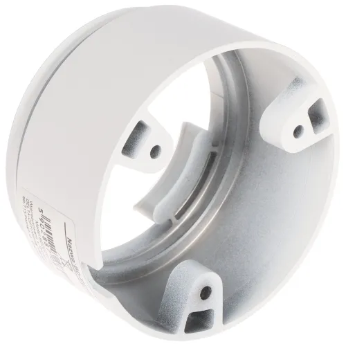 Metalowy uchwyt montażowy do kamery w kolorze białym, widoczny z perspektywy mocowania. Posiada otwory montażowe i wycięcia na przewody.