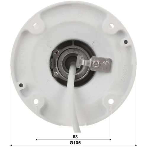 Widok od spodu okrągłego uchwytu kamery z centralnie umieszczonym otworem na przewód i metalowym mocowaniem. Na krawędzi uchwytu znajdują się oznaczenia i otwory montażowe.